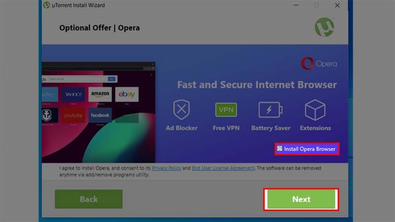 Bỏ chọn Install Opera Broser và nhấn Next để cài đặt.